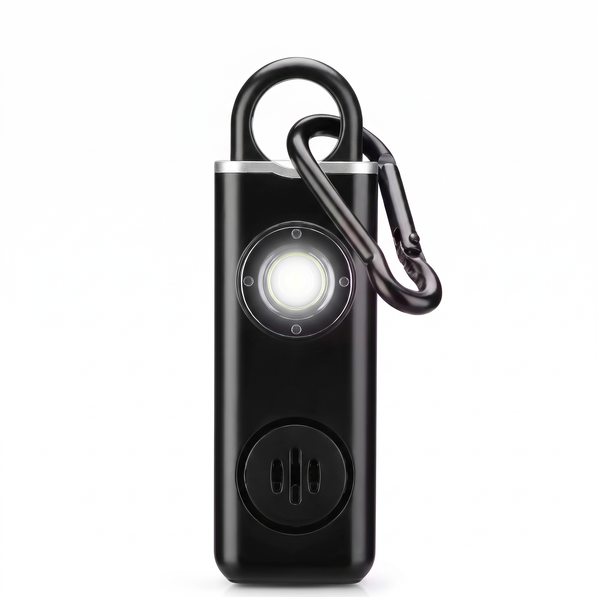 Alerty personal safety alarm in black with carabiner clip and LED torch