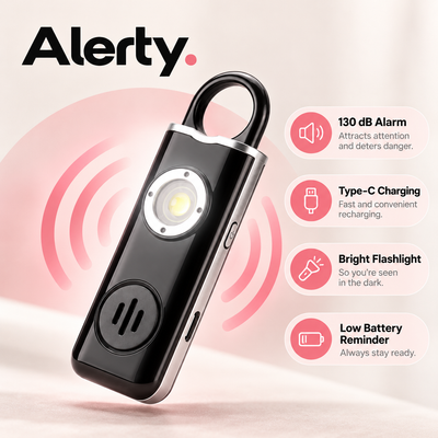 Alerty features: 130dB alarm, USB-C charging, bright flashlight, low battery reminder